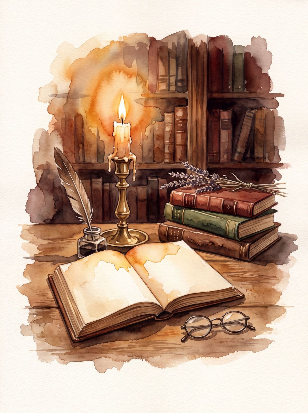 Watercolor of a candlelit desk with an open book, quill and old books